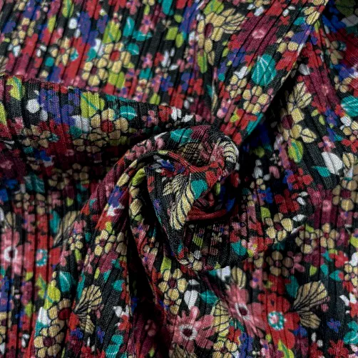 Geribde rekbare viscose met multicolor bloemetjes  - La Maison Victor