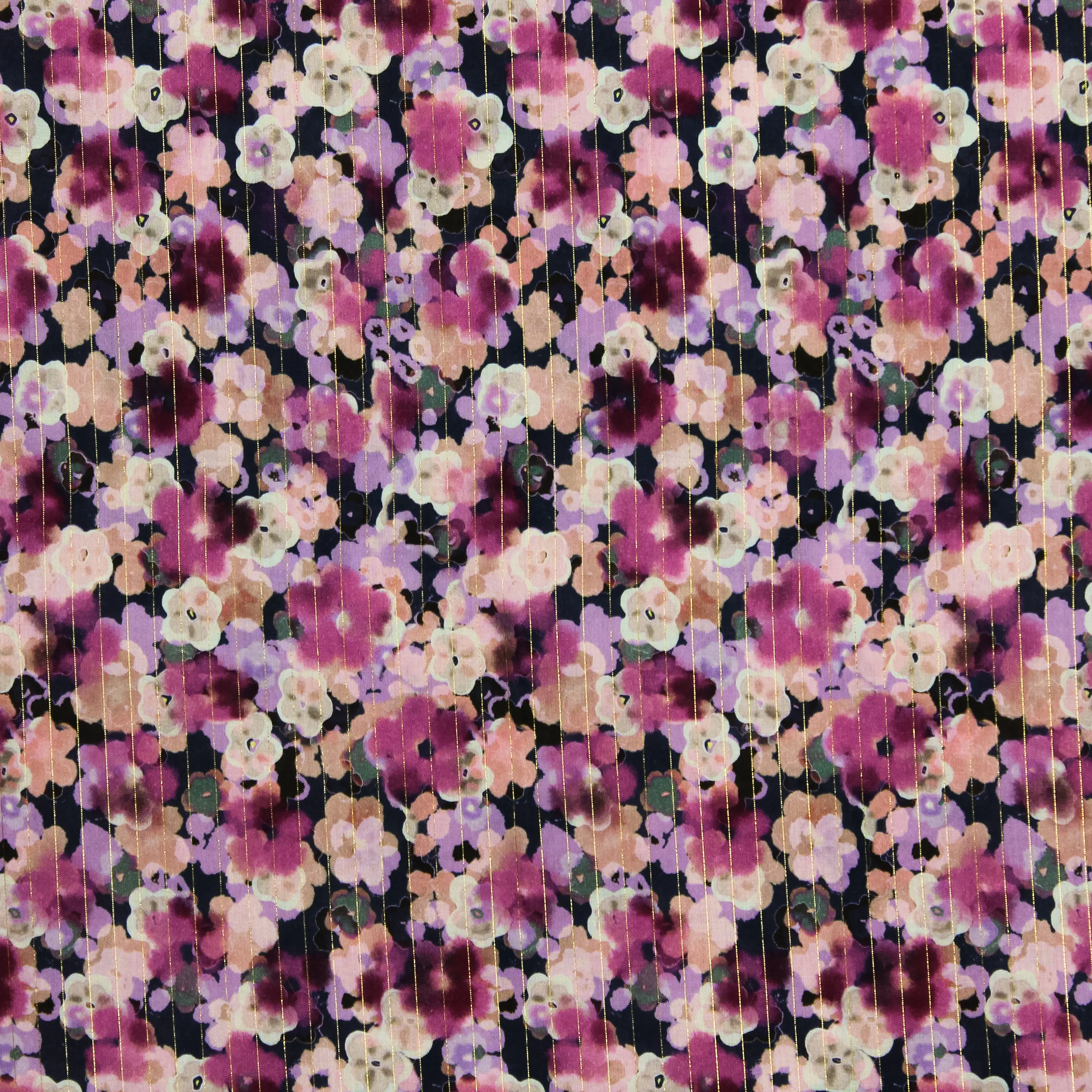 Viscose blauw met roze bloemen met gouden lijntjes in lurex