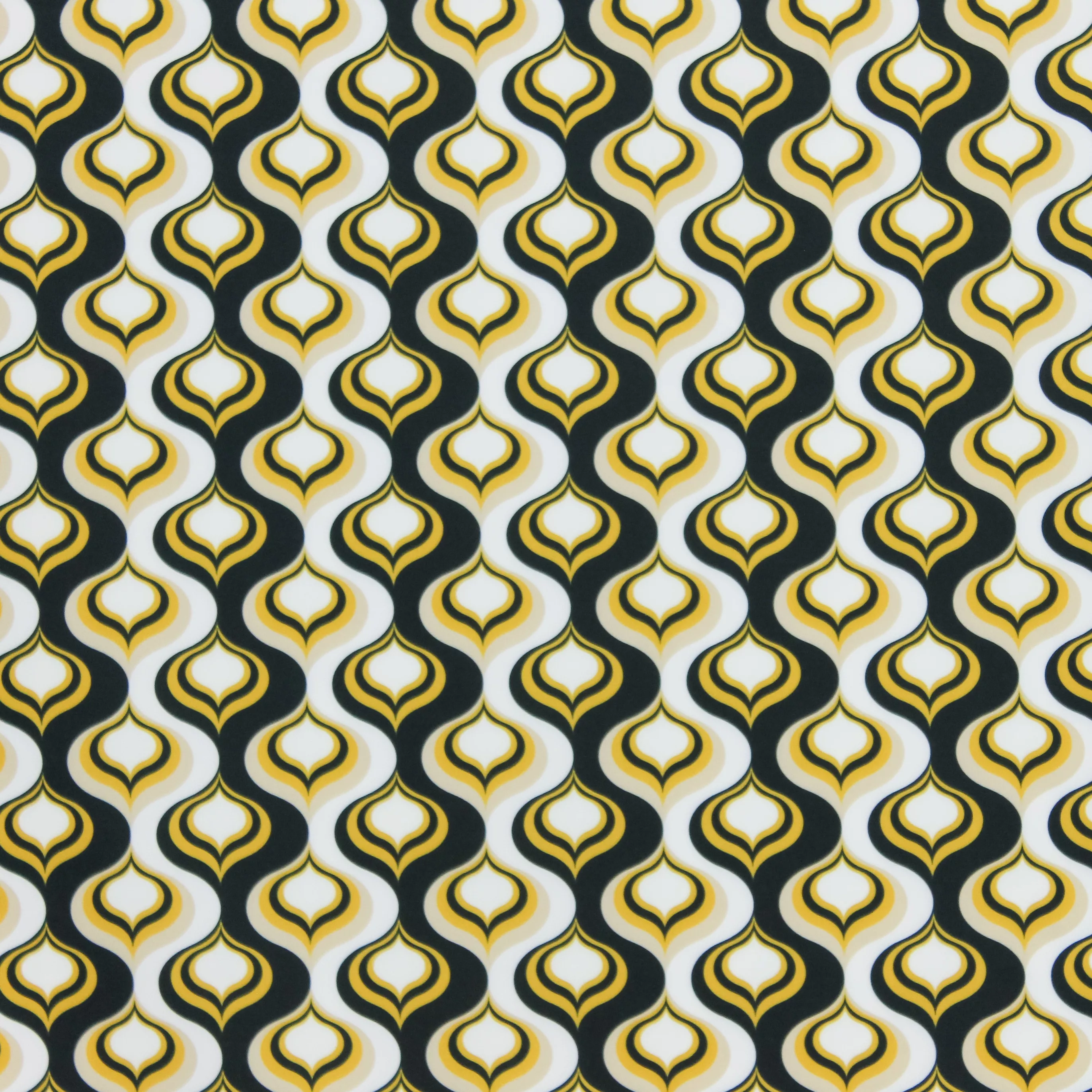 Polyester stretch met zwart / geel golvend retro patroon