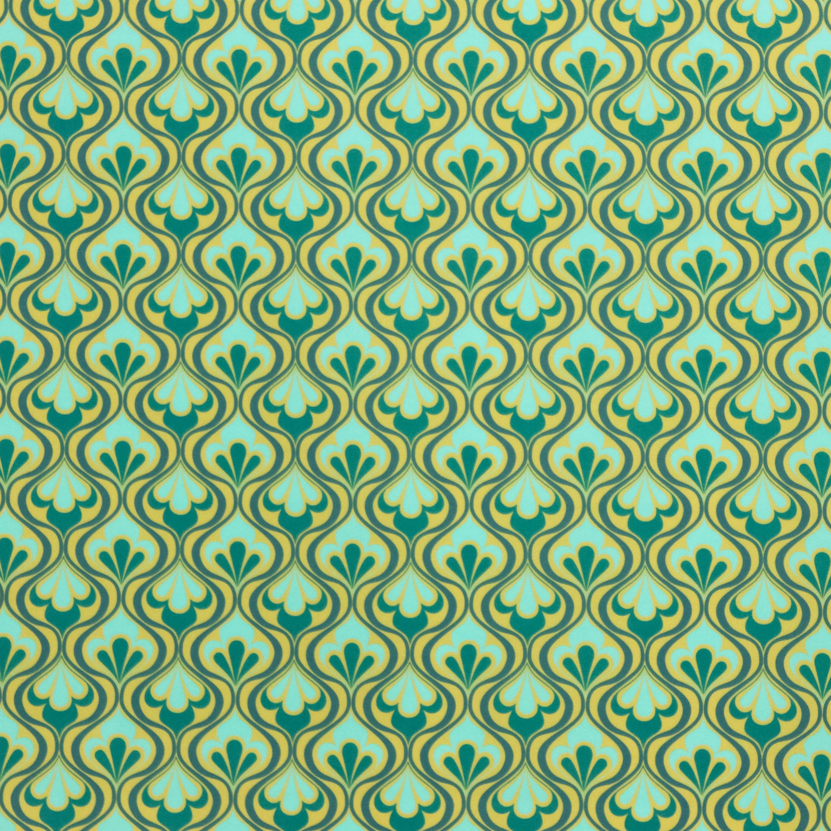 Polyester stretch met groen / blauw golvend retro patroon