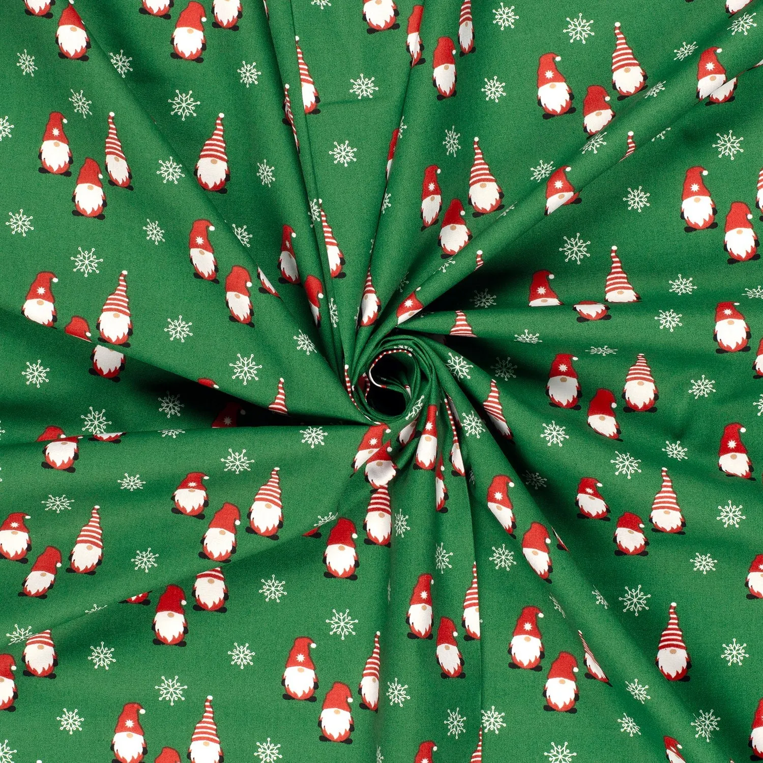 Katoen poplin groen met kleine kabouters kerst
