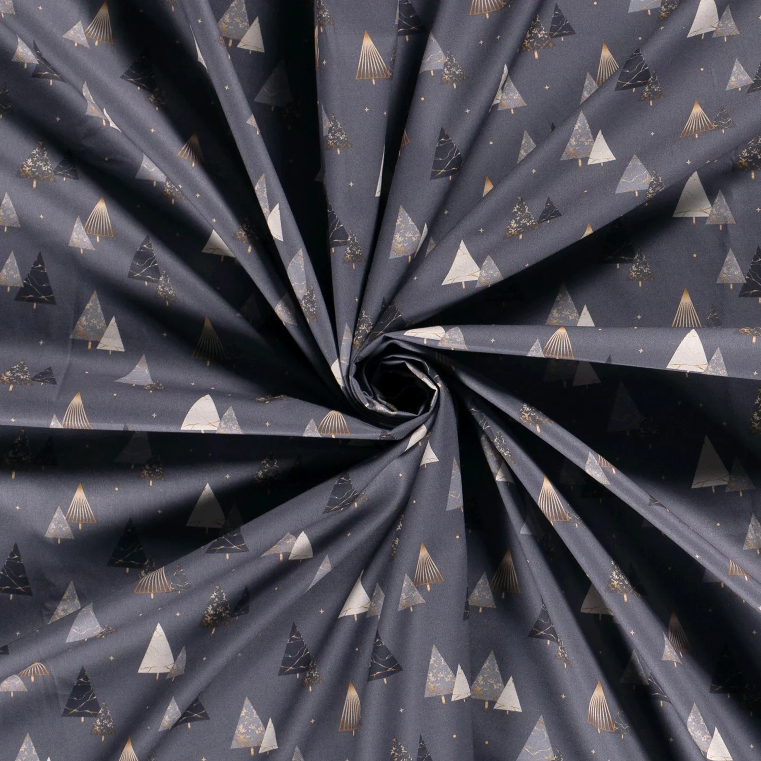 Katoen grijs met kerstbomen print en folie