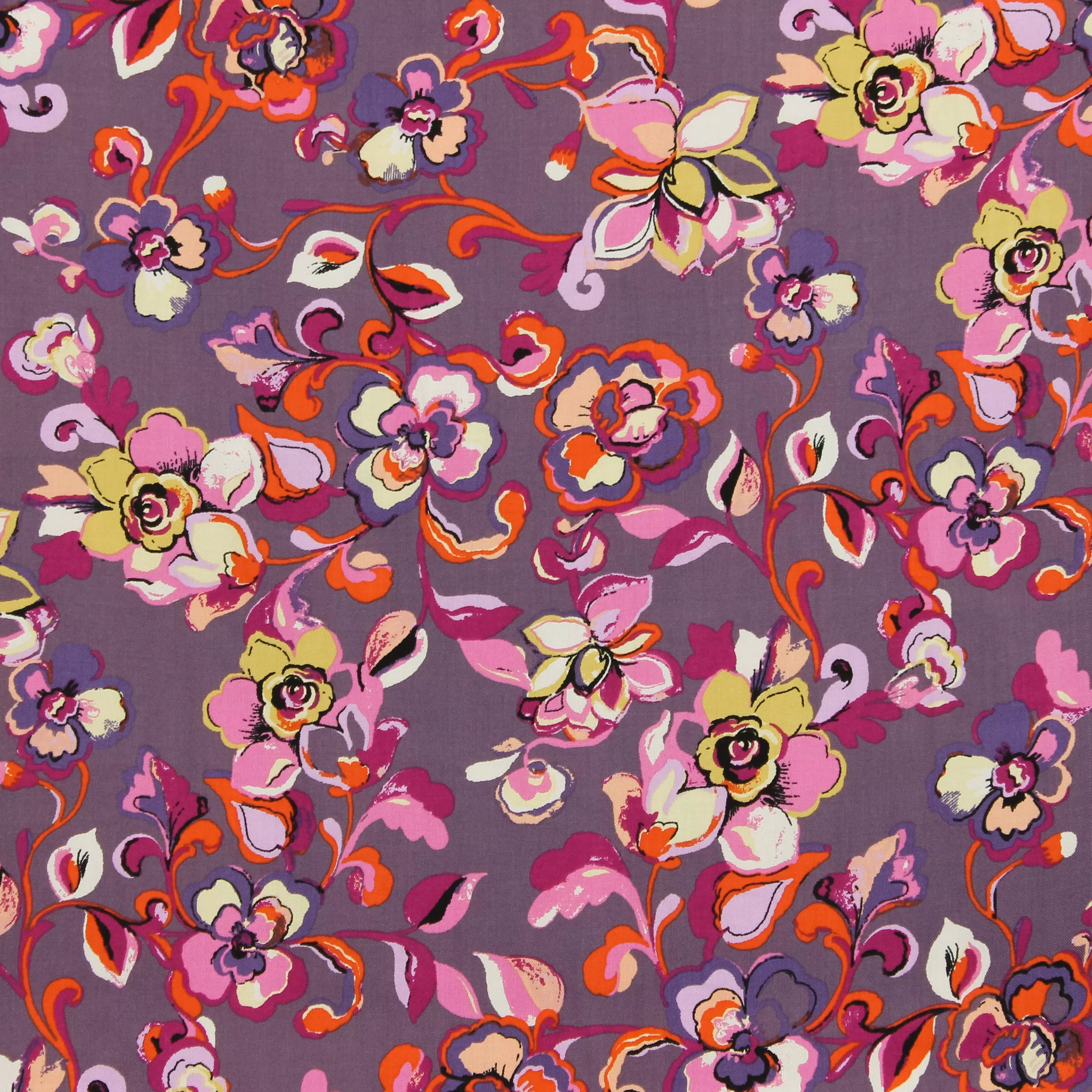 Paarse viscose twill met bloemen