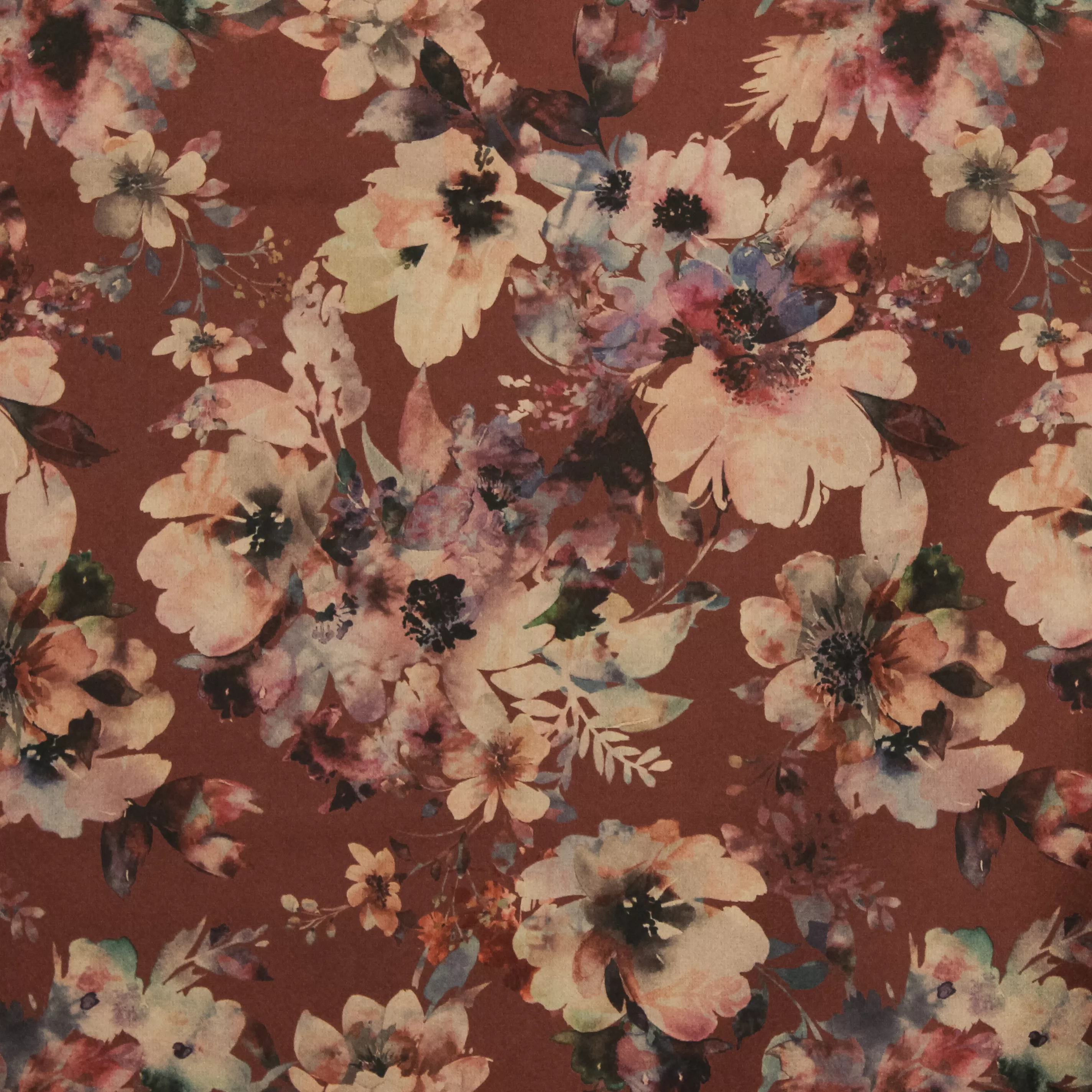 Dunne mantelstof bordeaux bruin met bloemen