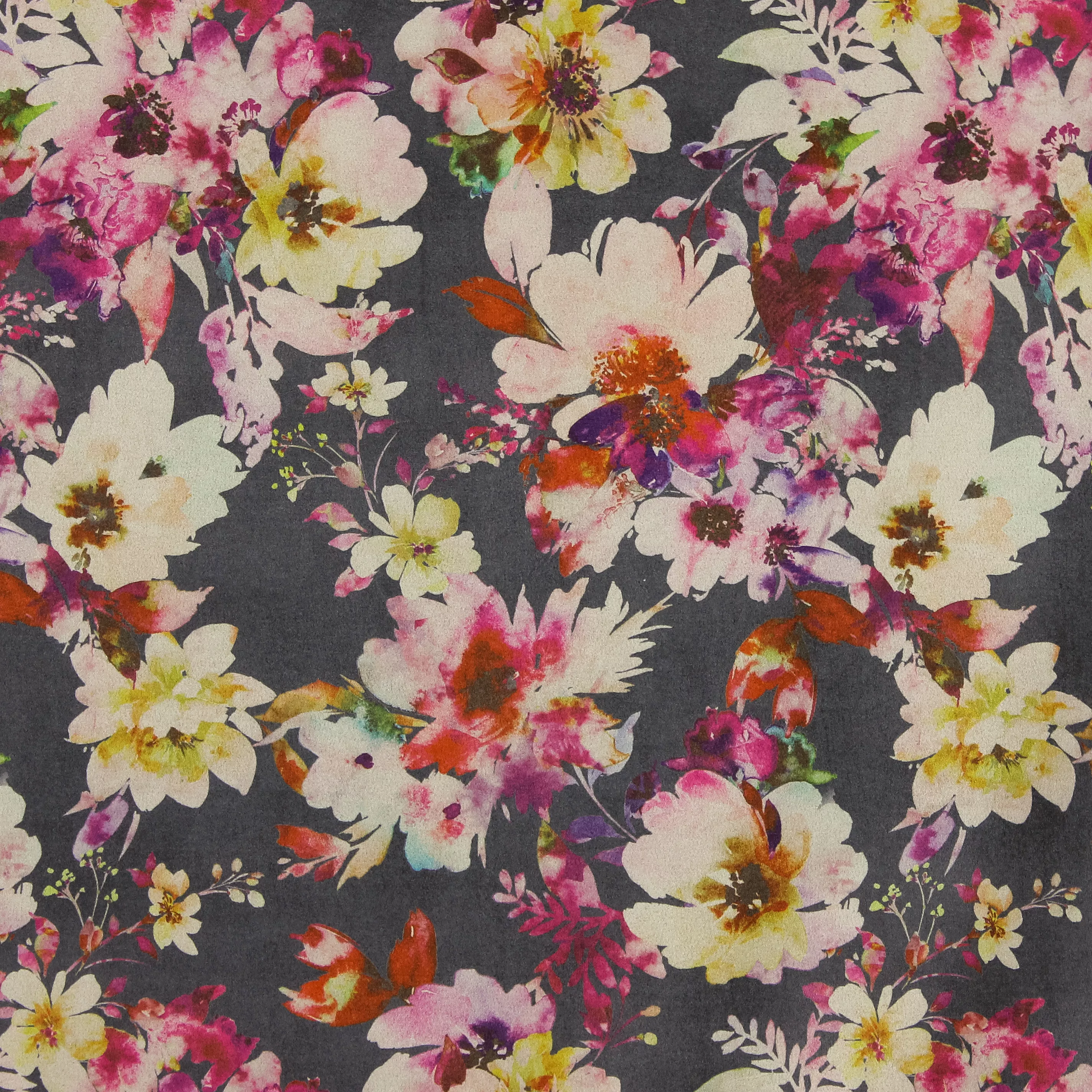 Zachte scuba suede grijs met bloemen