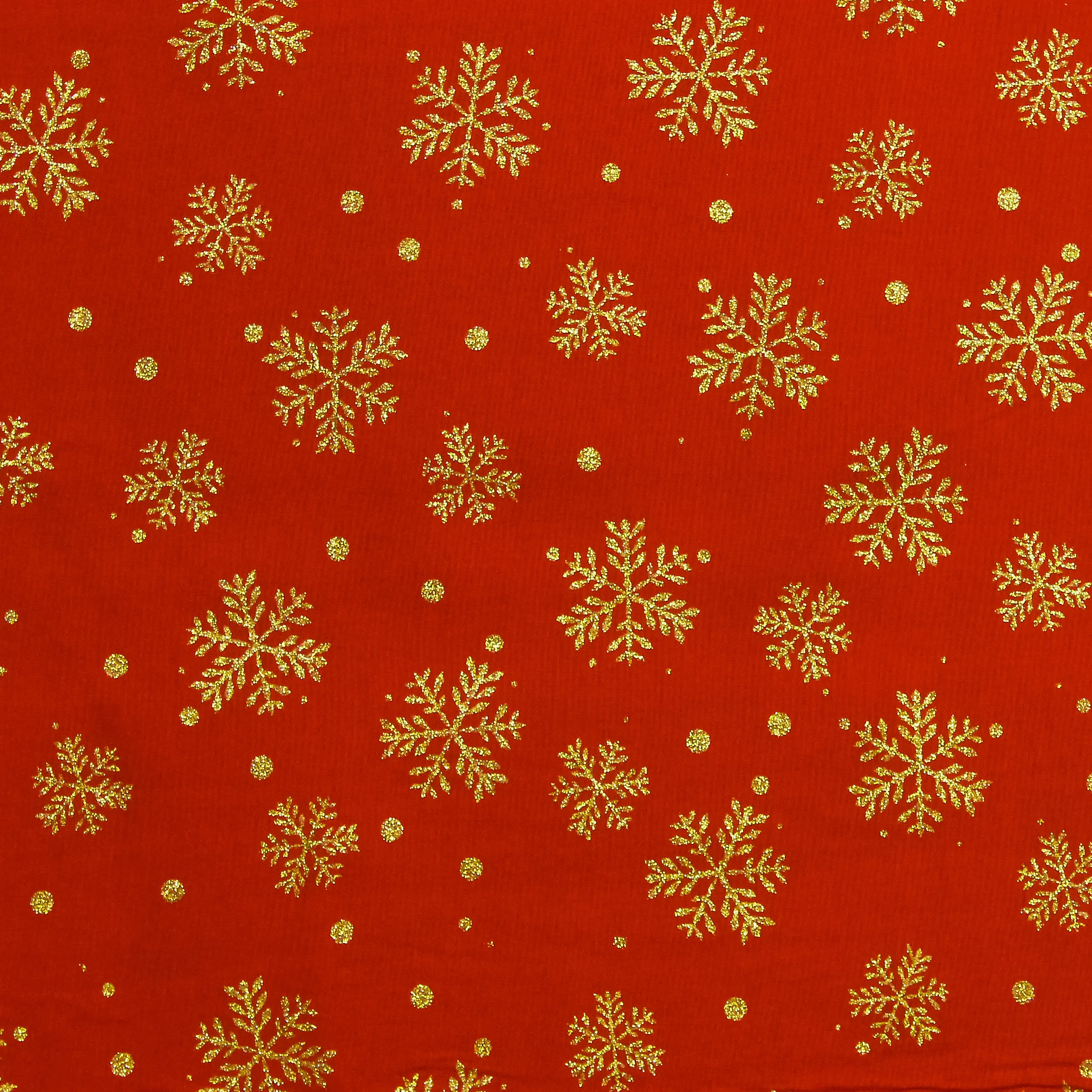 Katoen rood met gouden sneeuwvlokken  - glinsterend -