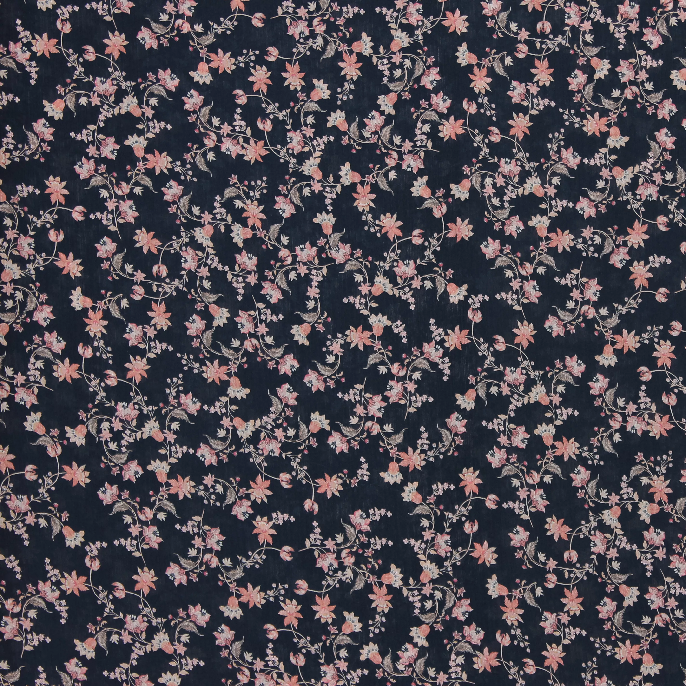 Doorschijnende zwarte polyester voile met roze bloemen