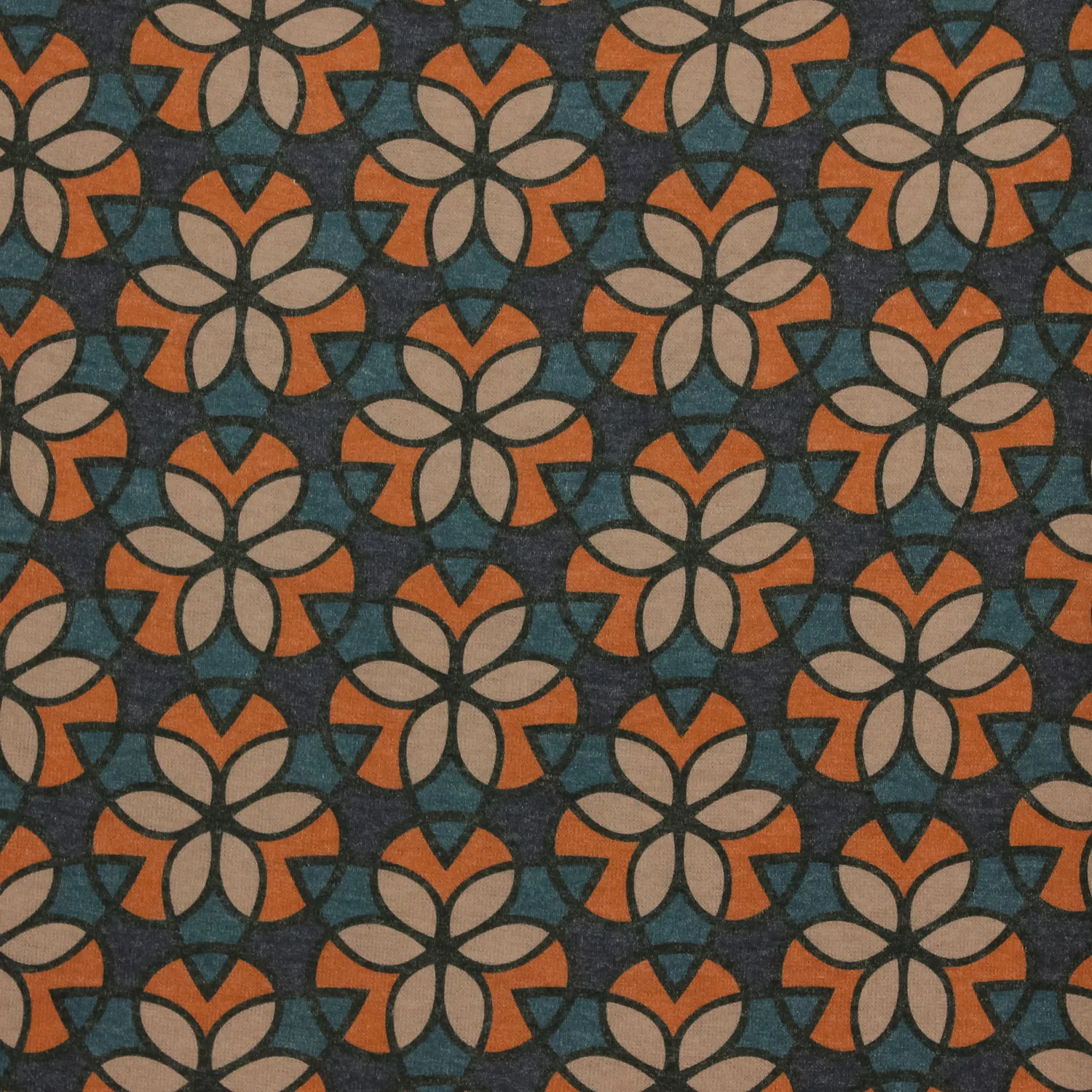 Fijne tricot blauw / oranje met retro bloemen