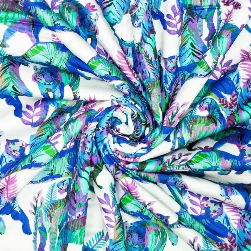 Viscose wit met paars en blauwe tijgers