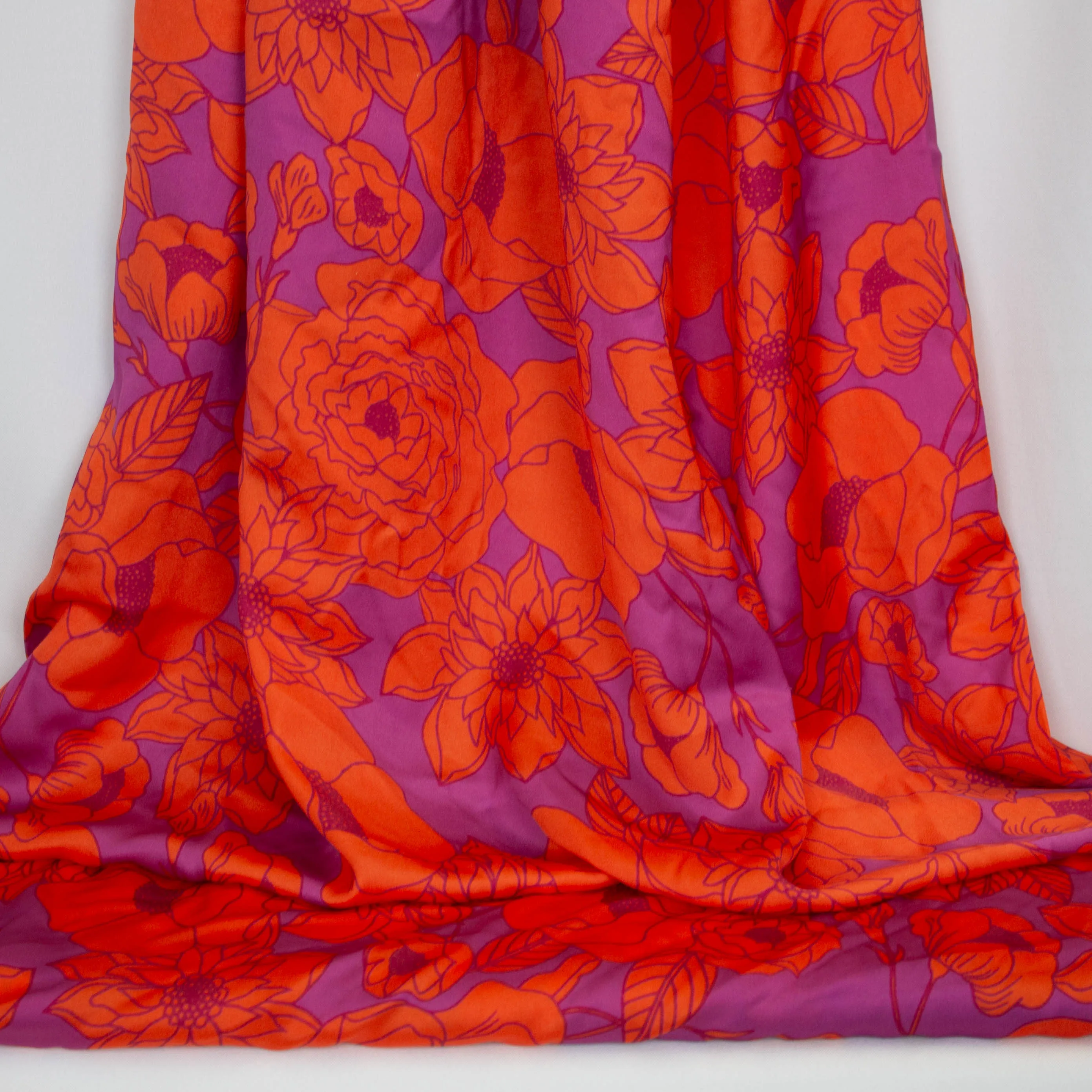 Satijn polyester paars met oranje bloemen