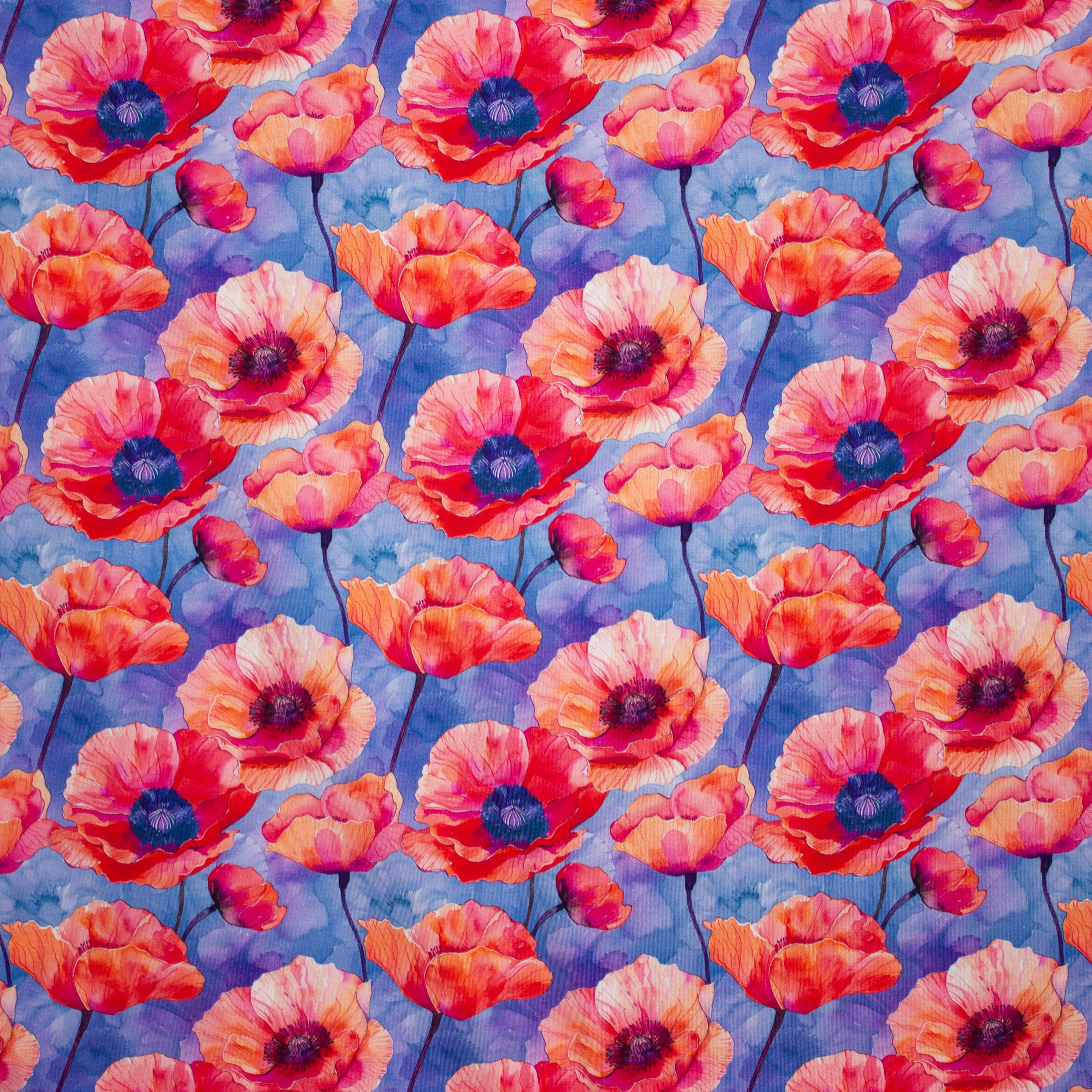 Tricot blauw met rode bloemen