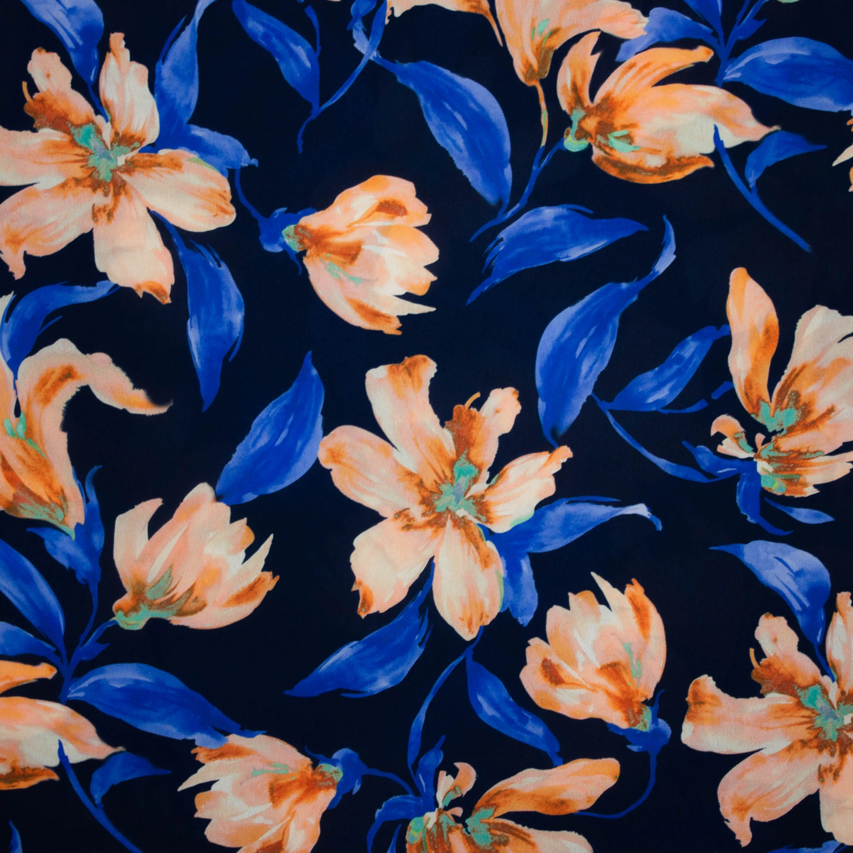 Polyester crêpe donkerblauw met bloemen