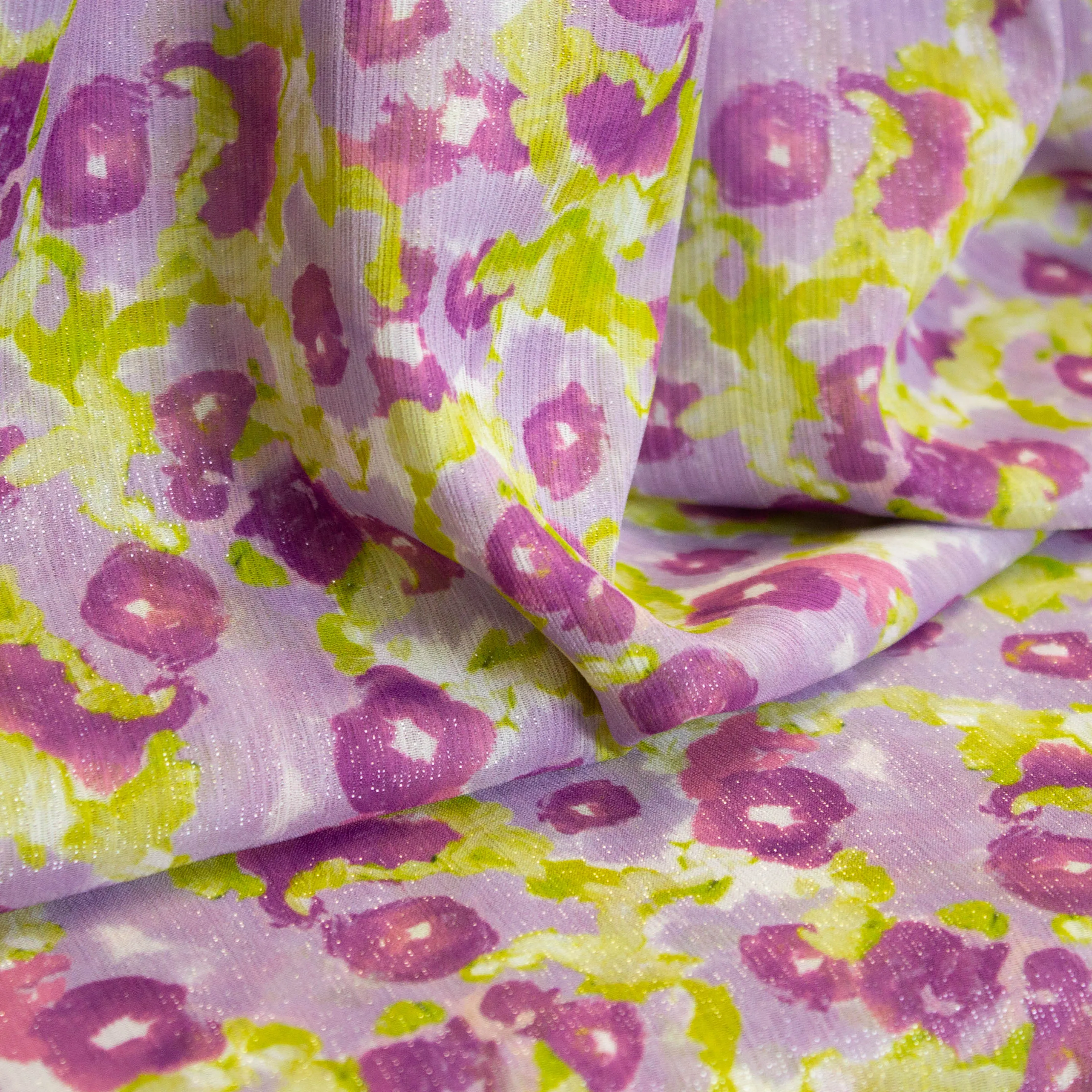 Polyester voile paars met bloemen en zilverdraad - Knipmode