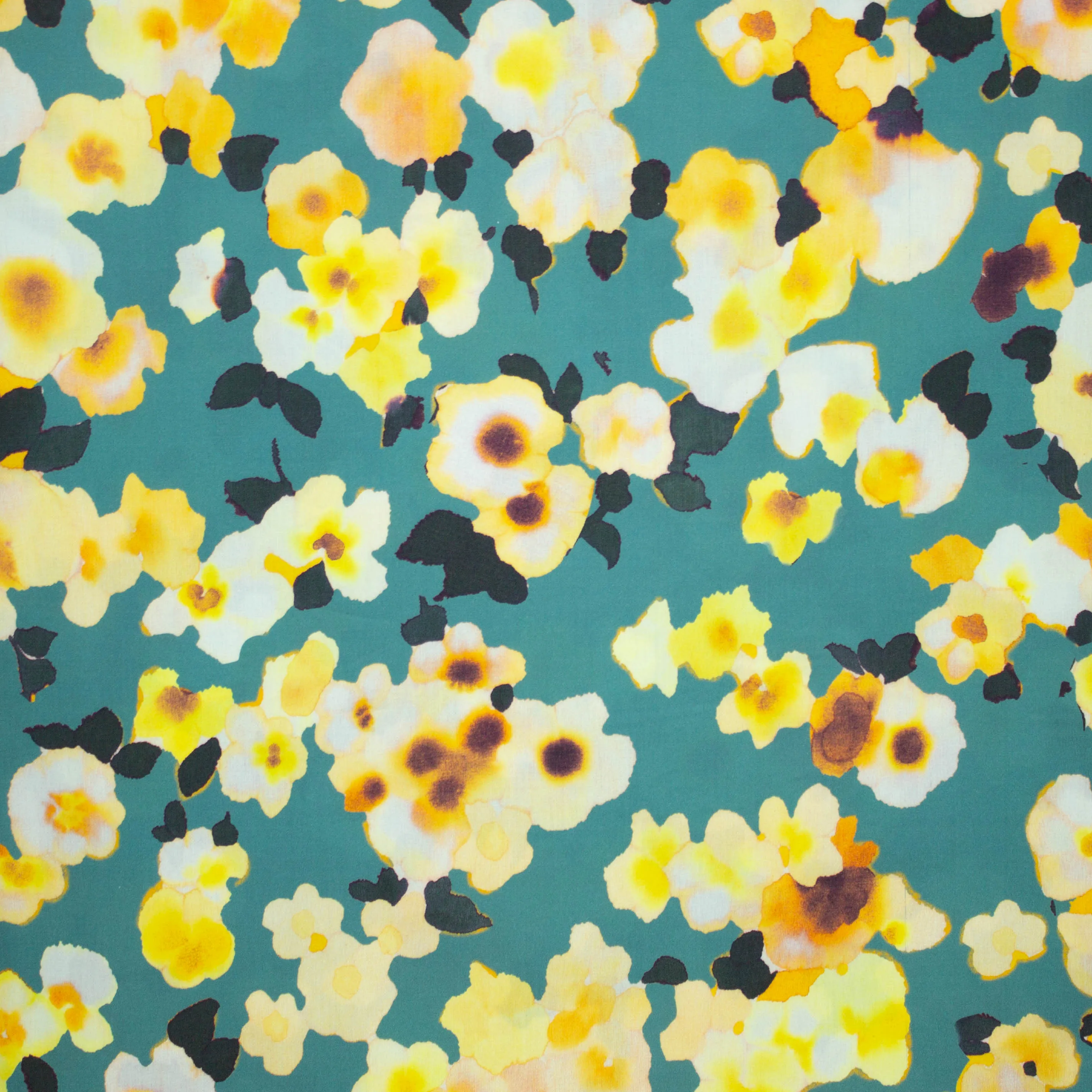 Katoen turquoise met gele bloemen