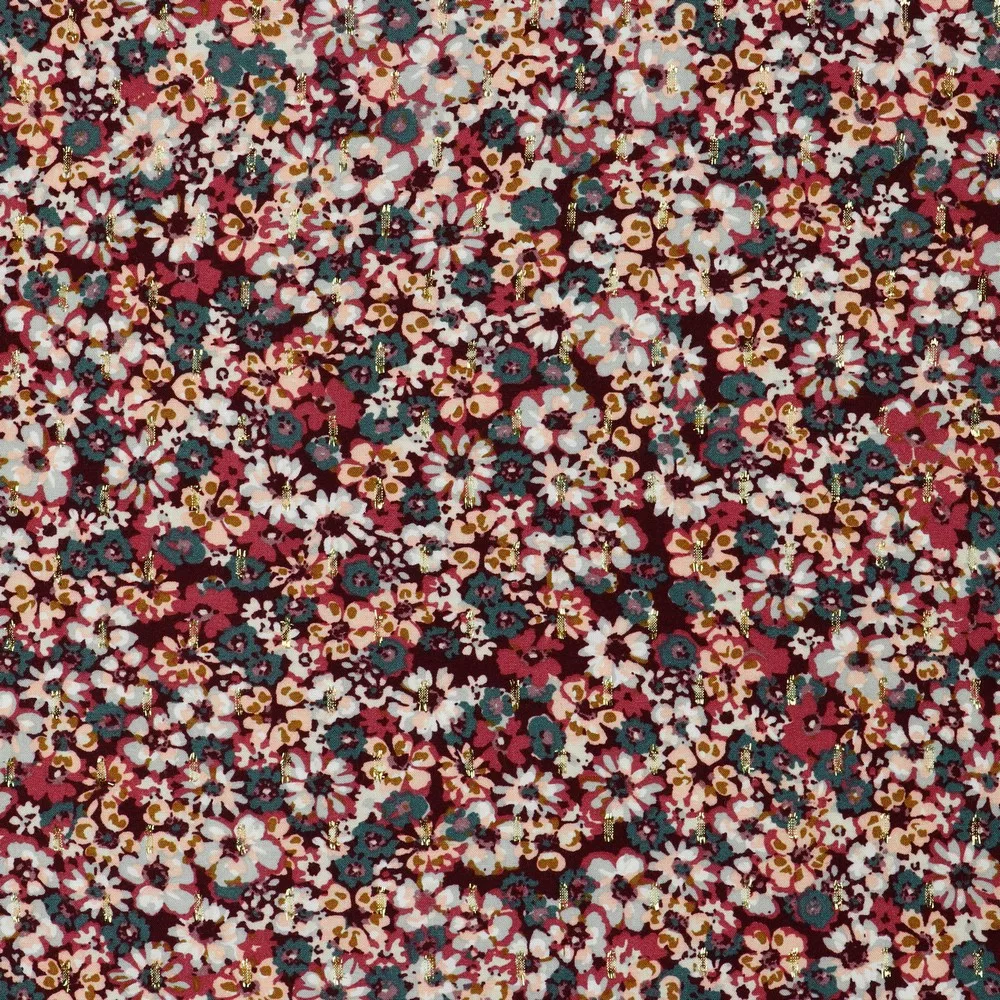 Viscose lurex bordeaux met bloemen en gouden streepjes - Poppy