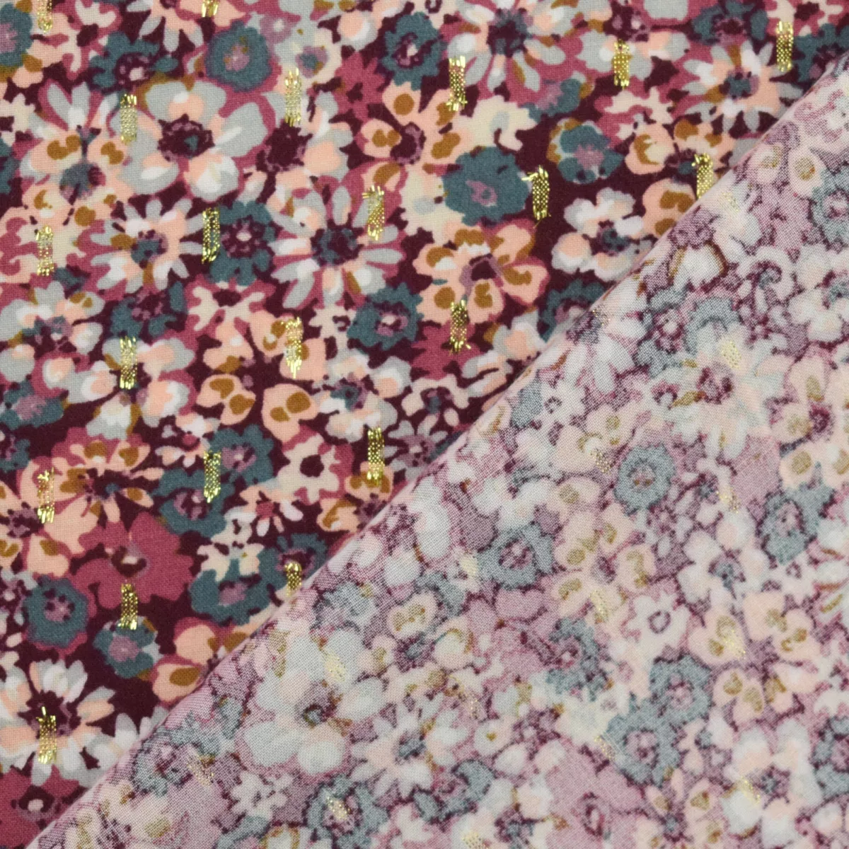 Viscose lurex bordeaux met bloemen en gouden streepjes - Poppy