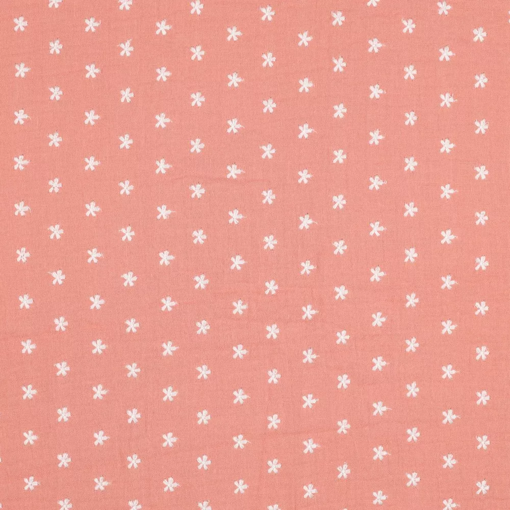 Double gauze zalmroze met witte geborduurde bloemen - Poppy