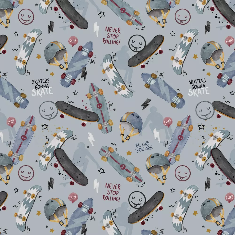 French terry blauw met skateboards - Poppy