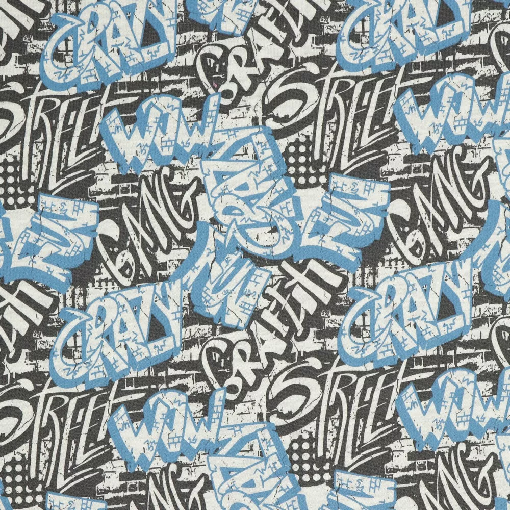 Sweaterstof blauw met grafitti - Poppy