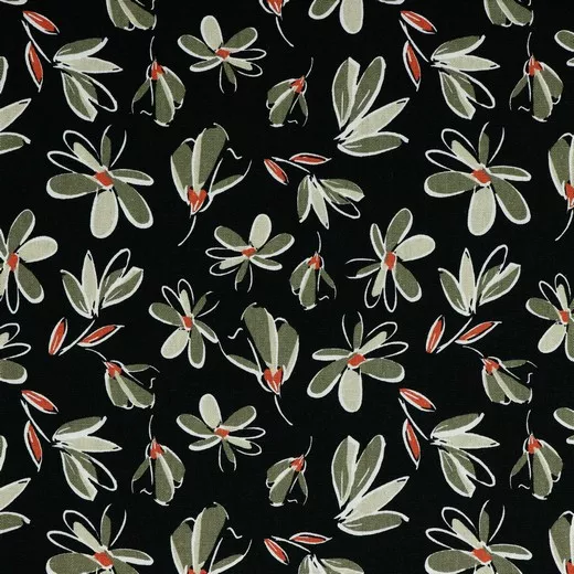 Linnen viscose zwart met kaki bloemen - Poppy