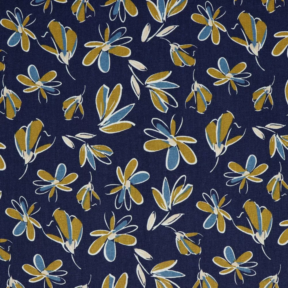 Linnen viscose blauw met oker bloemen - Poppy