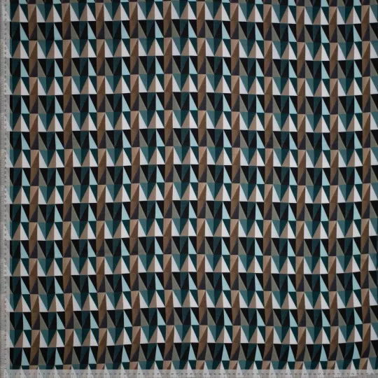 Viscose met petrol en bruin geometrisch retro patroon