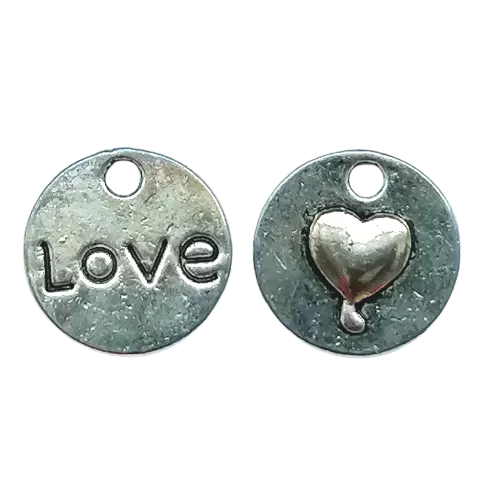Dubbelzijdig metalen bedeltje - hartje en tekst 'love' - 15 mm rond