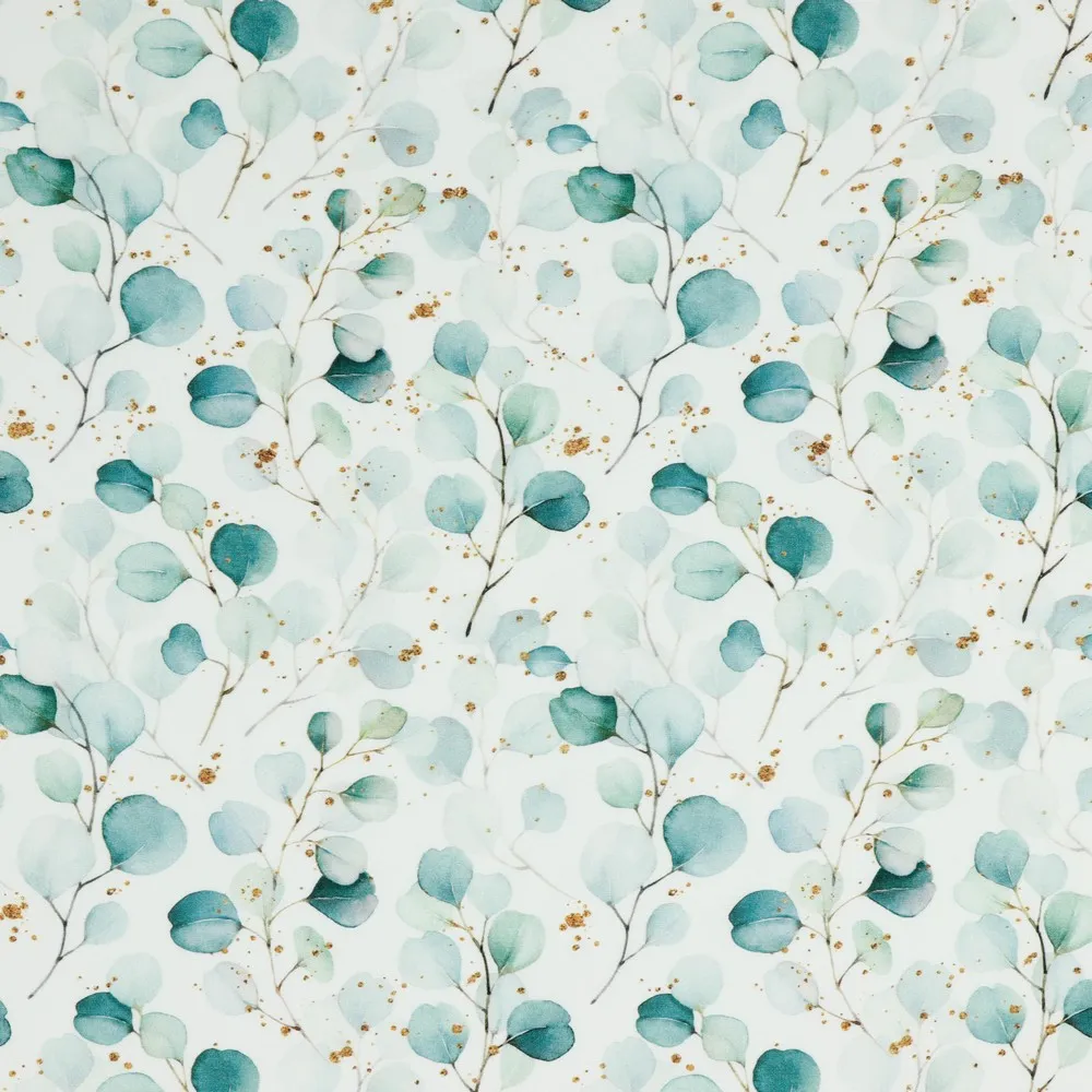 Viscose wit met turquoise bladeren en gouden spikkels - Poppy