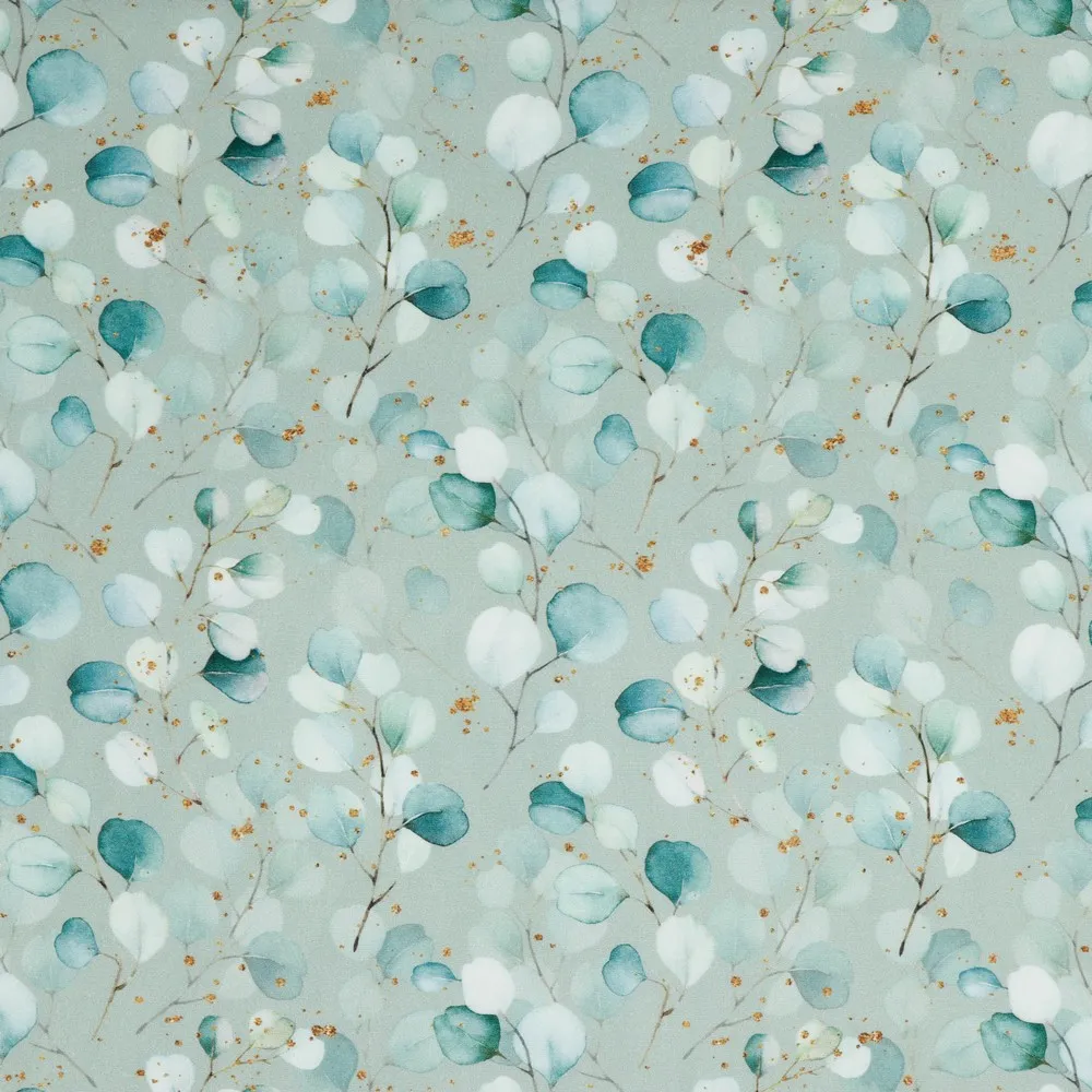 Viscose met turquoise bladeren en gouden spikkels - Poppy