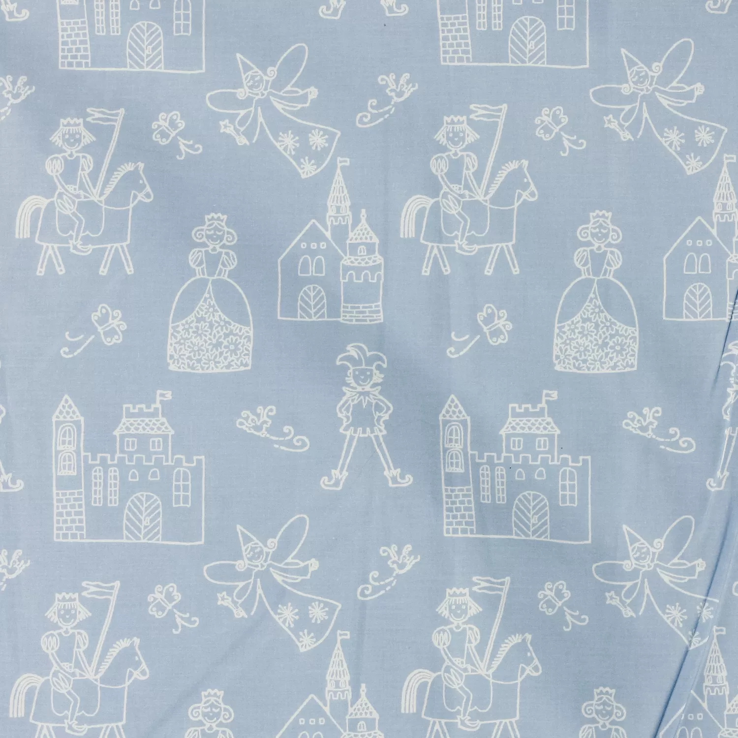 Lakenstof katoen babyblauw met witte figuren
