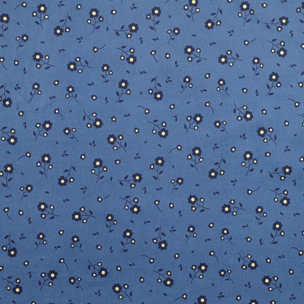Ribfluweel blauw met bloemen en gouden foil - Poppy
