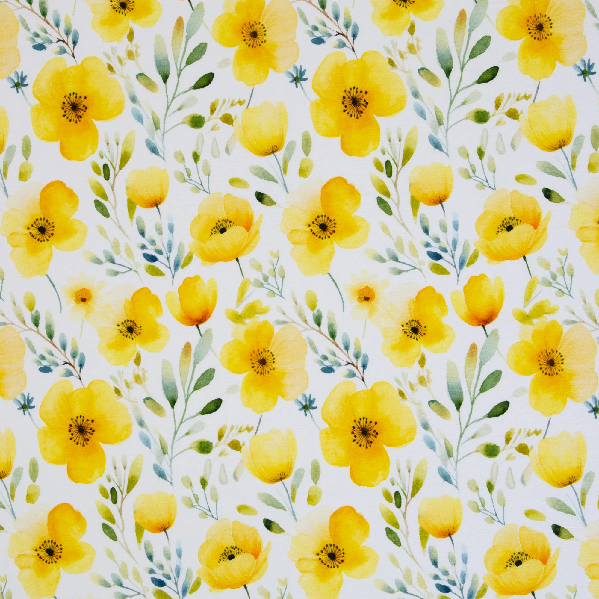 Katoentricot wit met gele bloemen