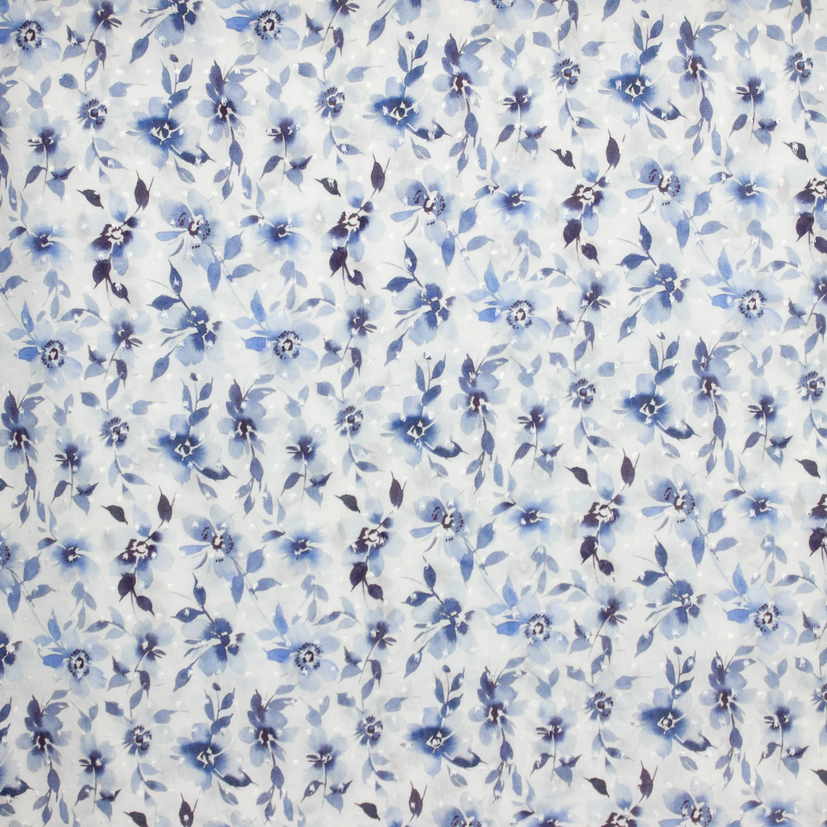 Viscose dobby wit met blauwe bloemen