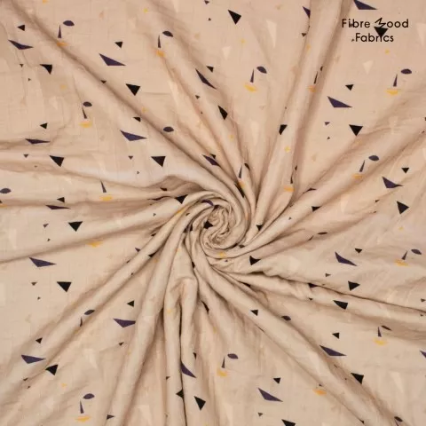 Katoen mousseline beige met geometrische figuren - Fibre Mood