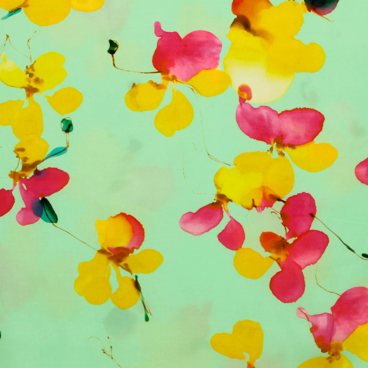 Polyester satijn turquoise met geel/fuchsia bloemen