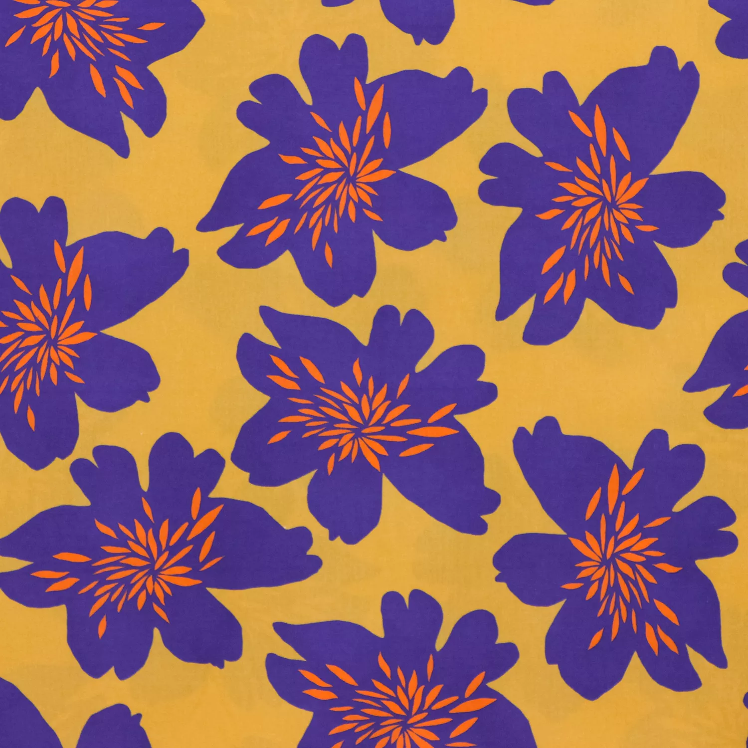 Katoen mosterd met blauwe bloemen