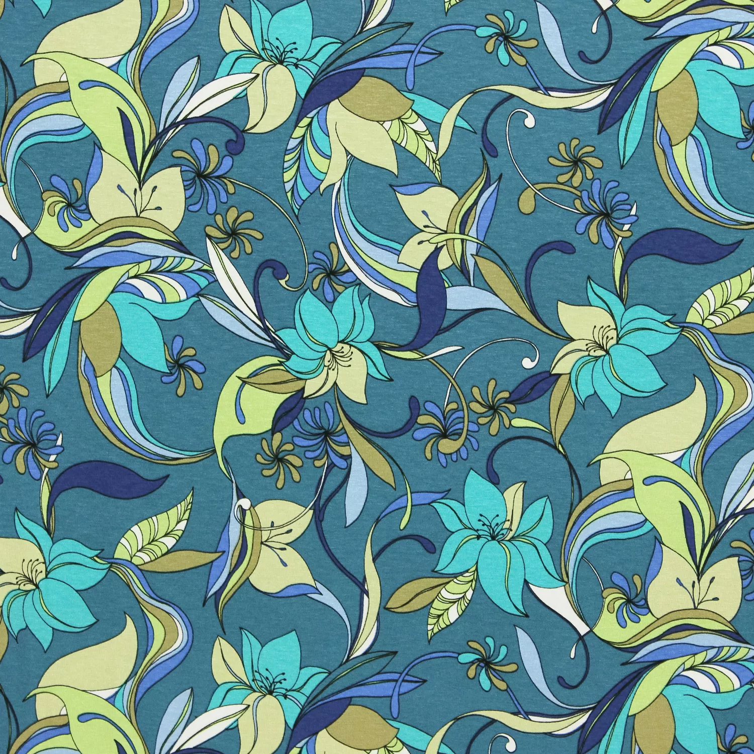 Viscose tricot petrol met sierlijke bloemen