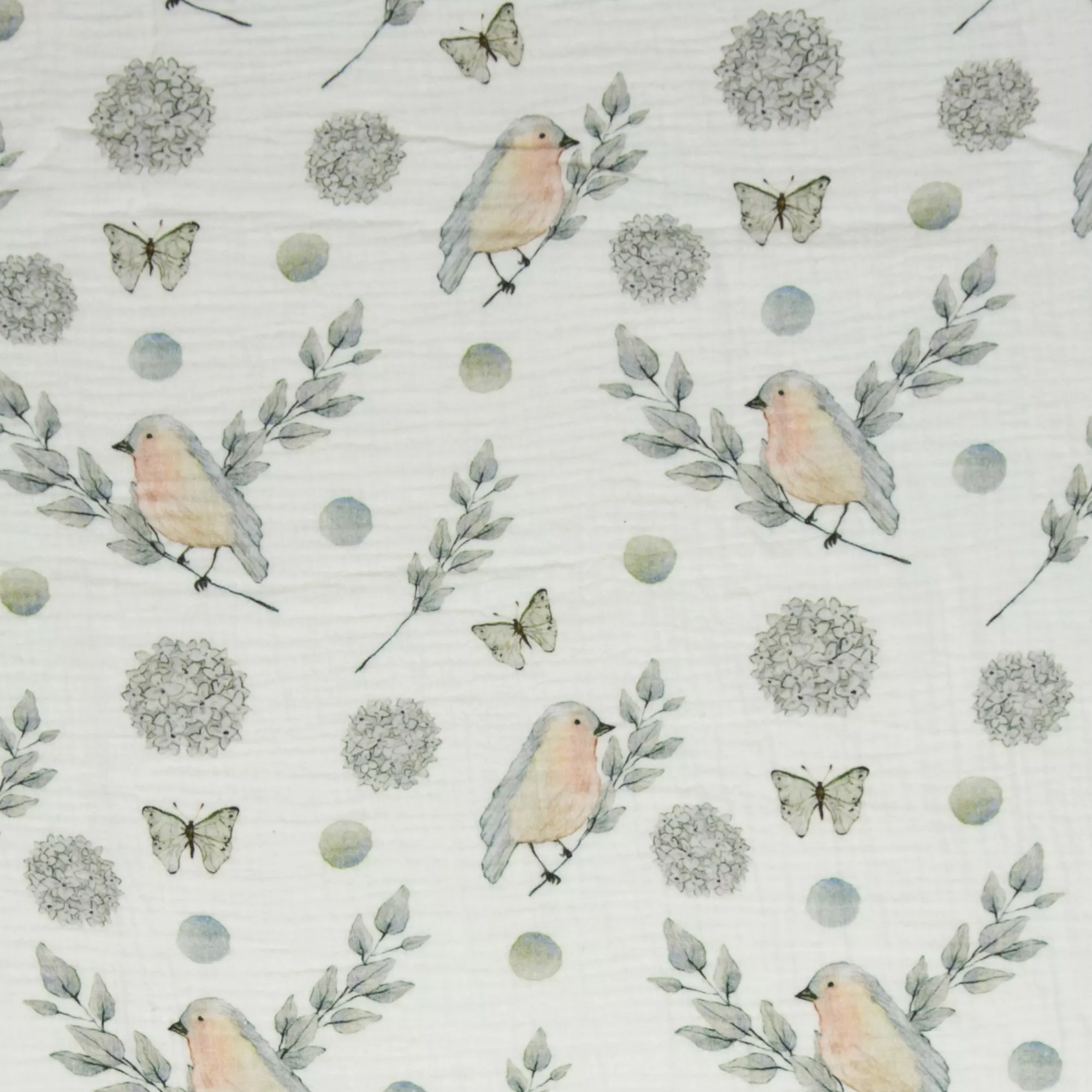 Double gauze wit met vogels en bloemen