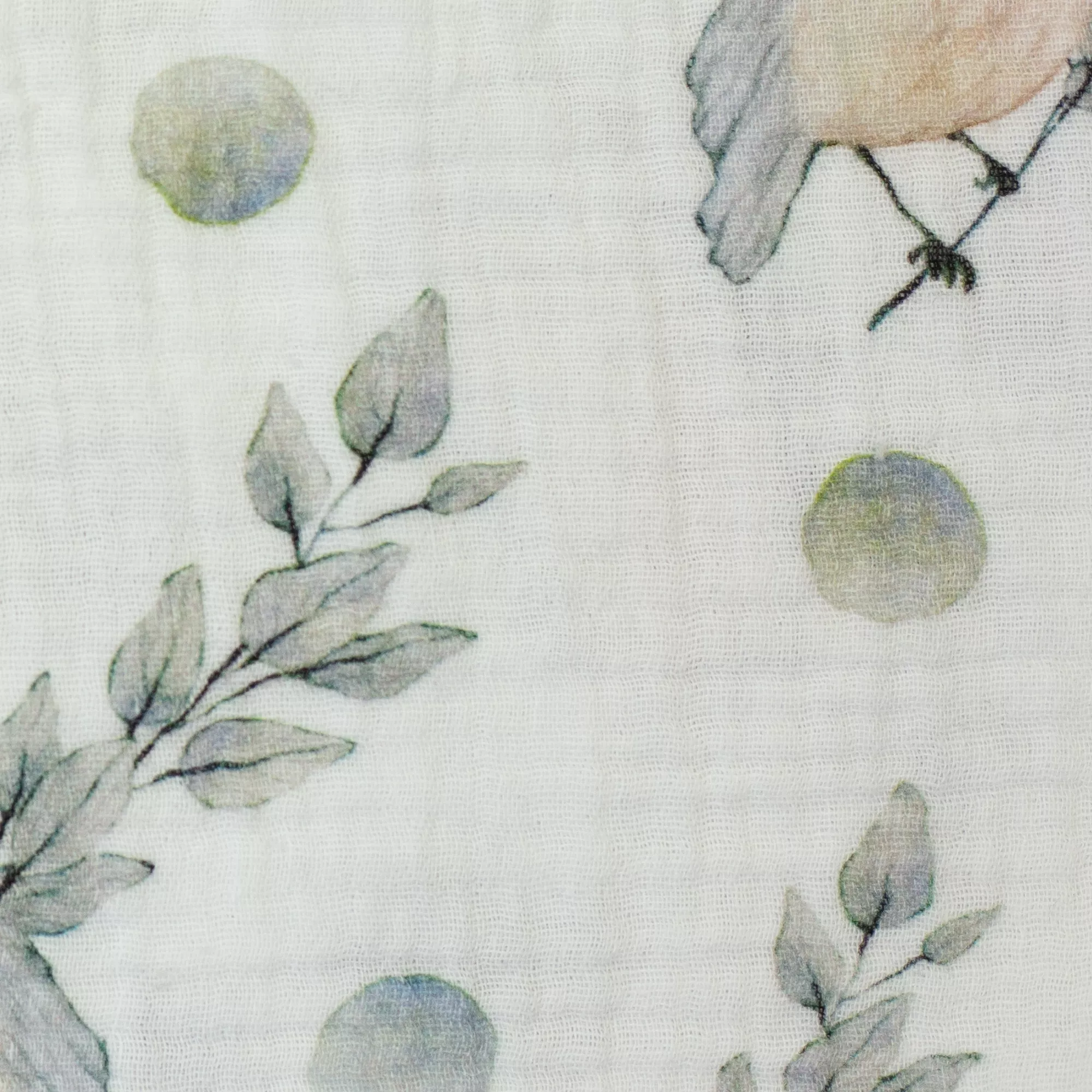 Double gauze wit met vogels en bloemen