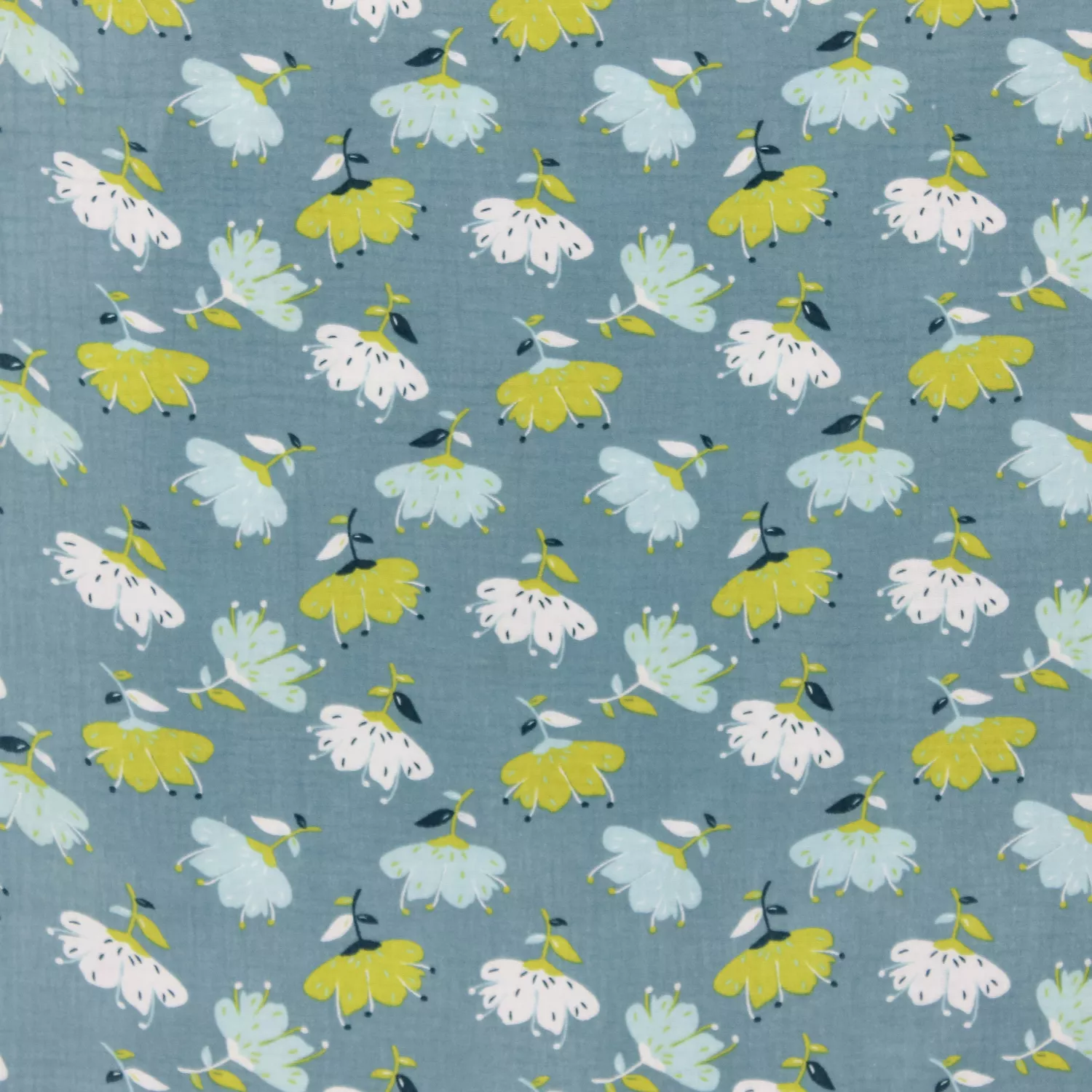 Double gauze blauw met groene bloemen