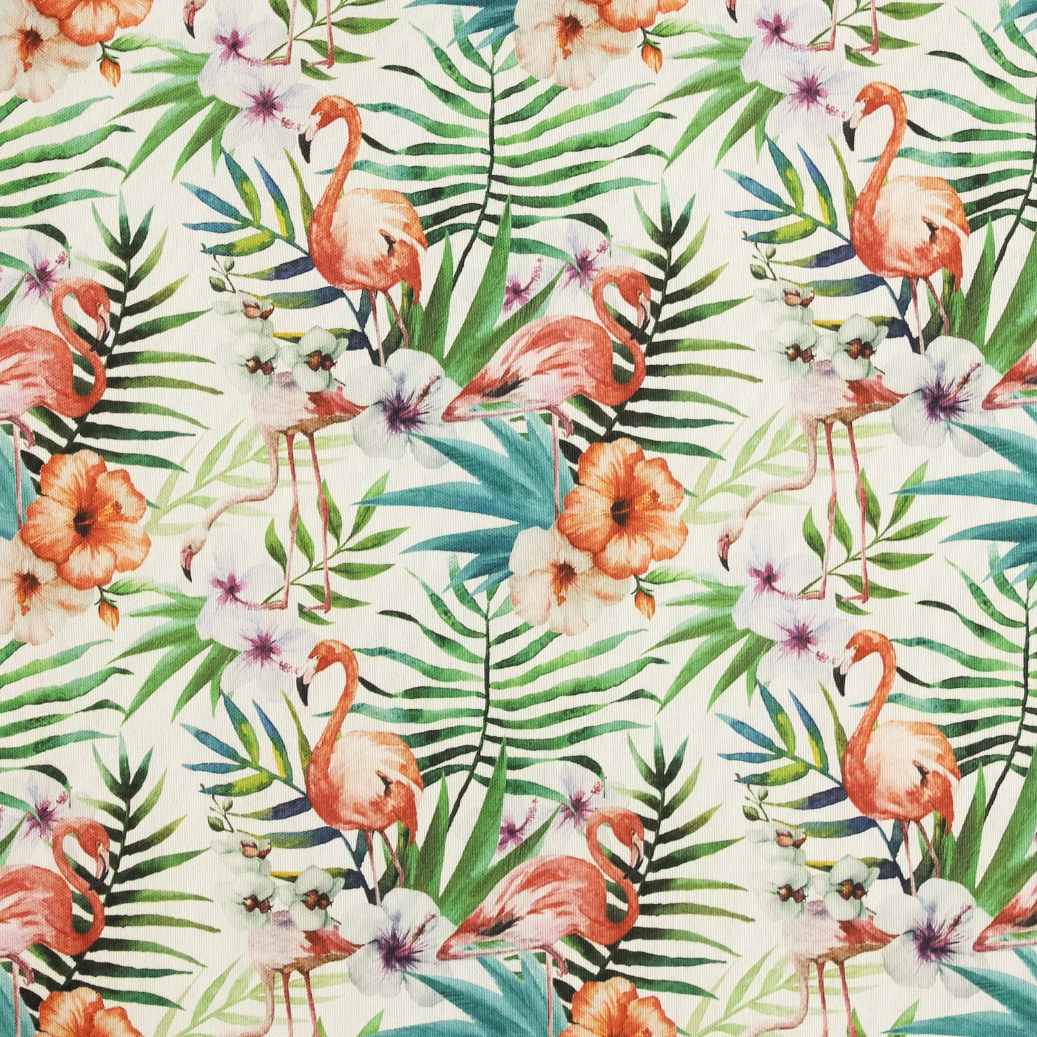 Canvas wit met planten en flamingo's