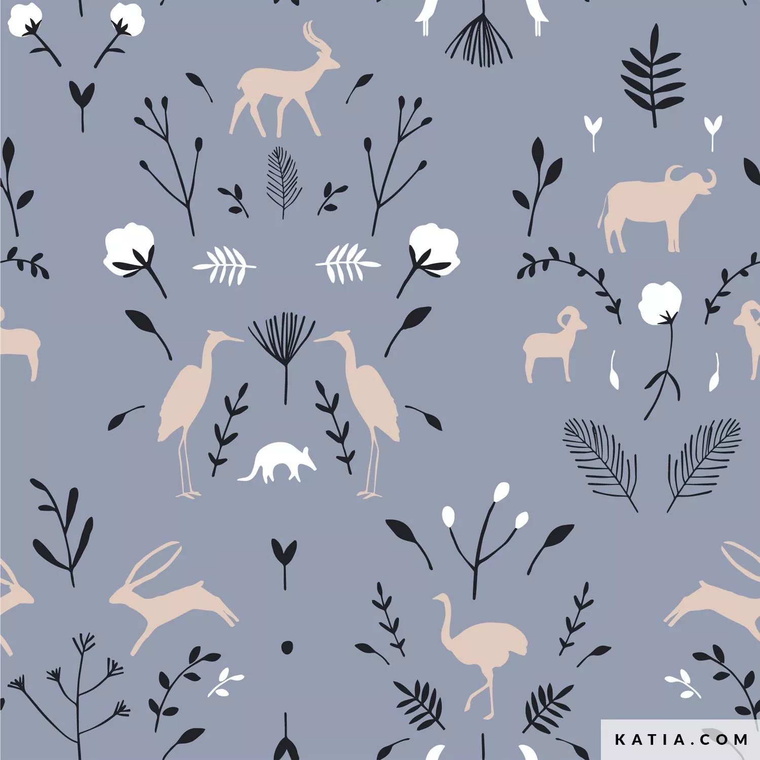 Sweaterstof blauw met dieren en planten - Katia