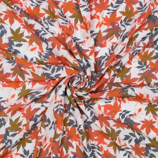 Viscose linnenlook wit met oranje bladeren