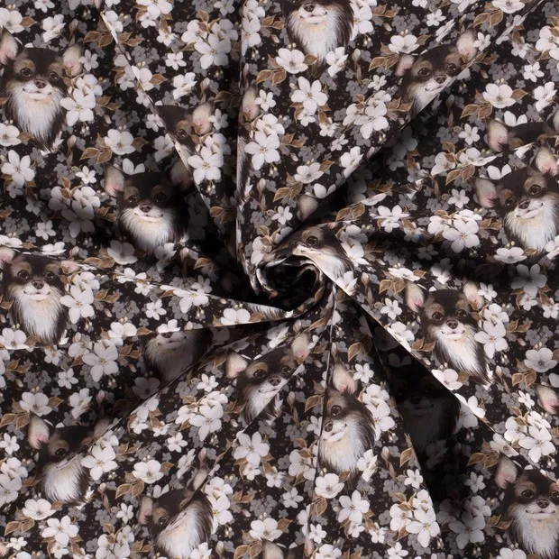 Softshell zwart met bloemen en honden