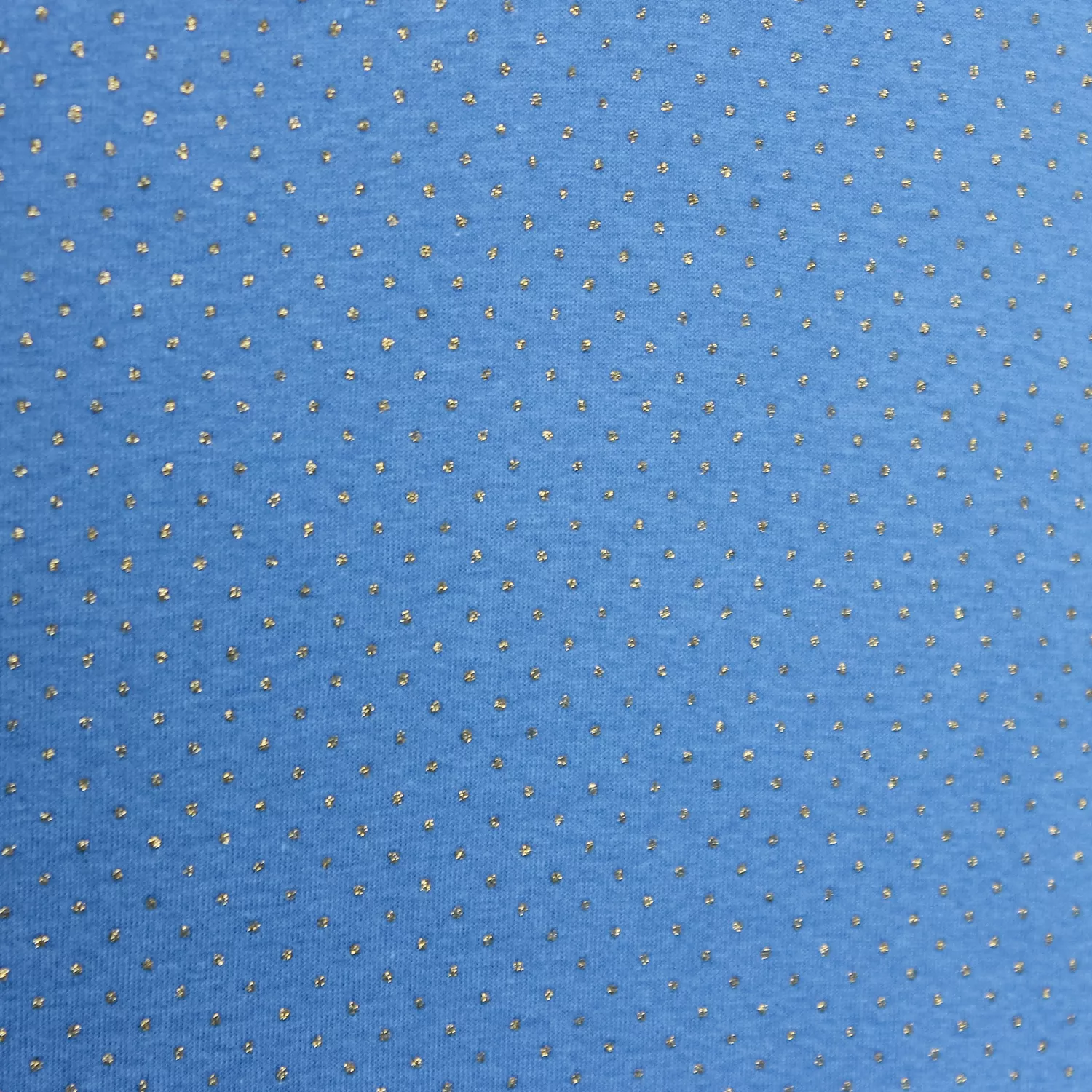 Tricot blauw met gouden lurex bolletjes