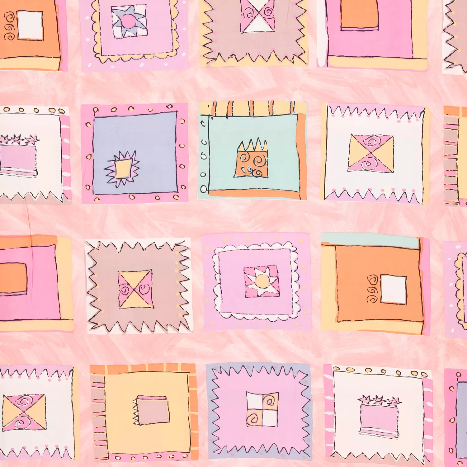 Viscose zalmroze met kleurrijke figuren
