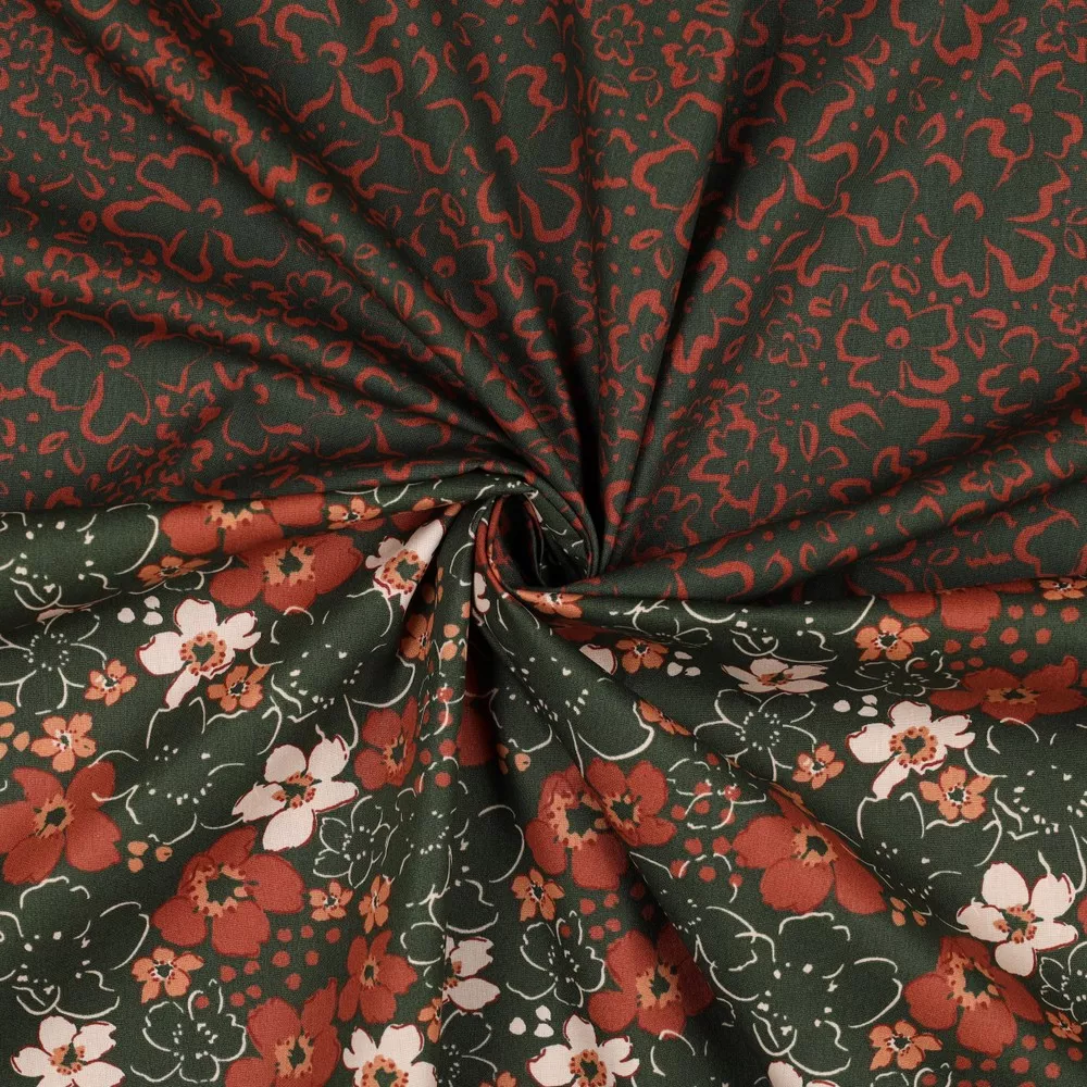 Katoen groen met bruine bloemen - Poppy