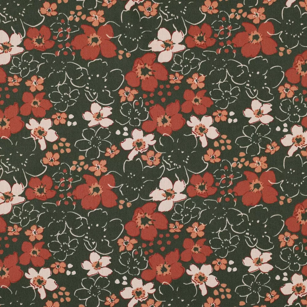 Katoen groen met bruine bloemen - Poppy
