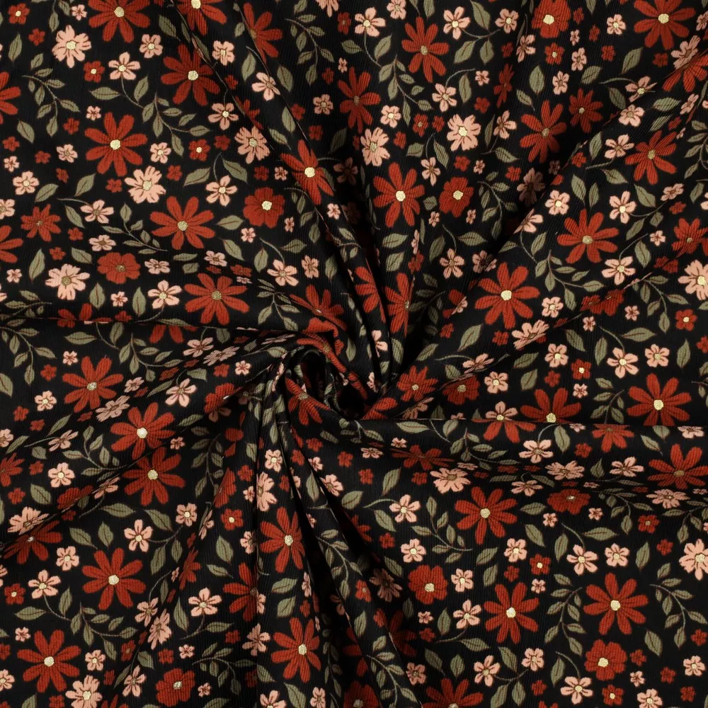 Ribfluweel zwart met bloemen - Poppy