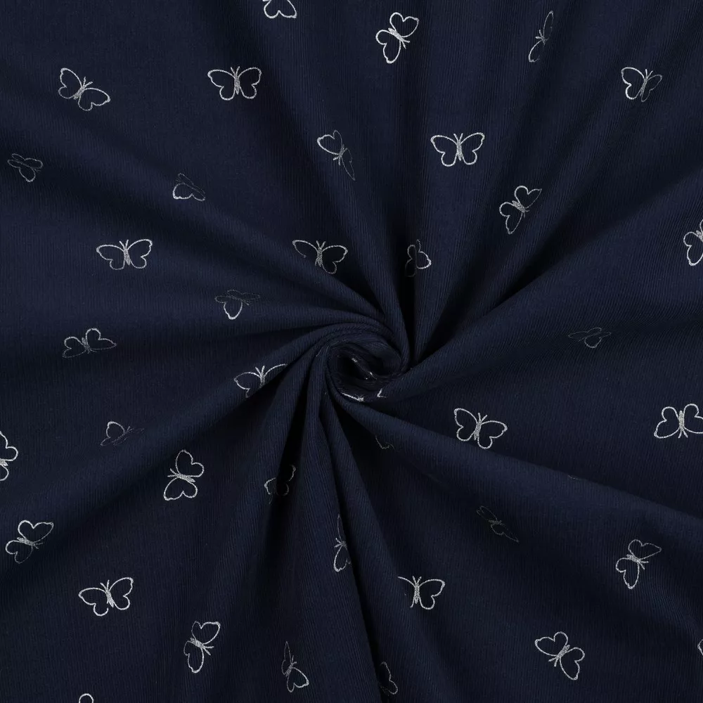 Ribfluweel blauw met vlinders - Poppy